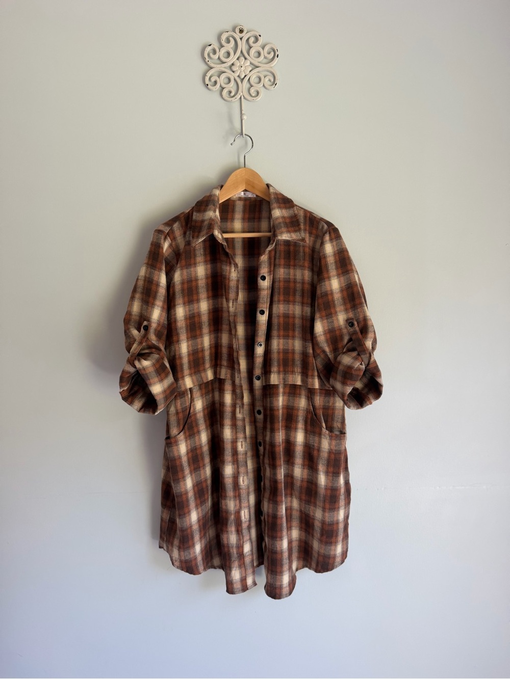 Brown Plaid Flannel Shacket Duster. Women’s xl jacket shirt. Fall basic piece